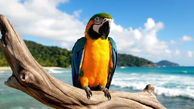 A stunning parrot, with its striking and brightly colored feathers, consisting of bright blue, brilliant yellow, and lush green, perched beautifully on a piece of textured and weathered driftwood.