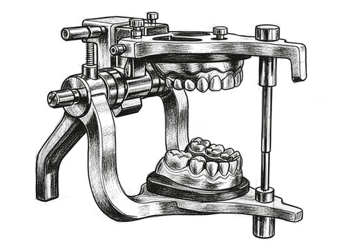 Detailed sketch of a dental articulator with upper and lower jaw models