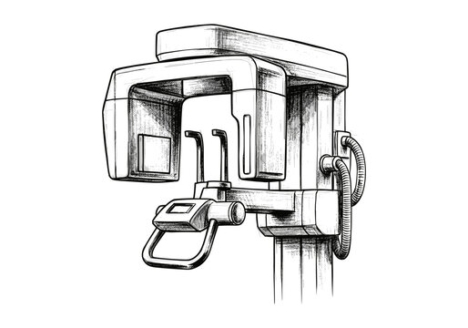 Hand-drawn sketch of a modern dental panoramic X-ray machine on a white background
