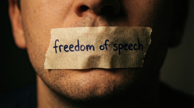 Mans mouth covered with tape with freedom of speech written on it, symbolizing censorship and suppression of expression.