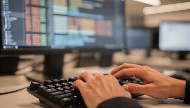 Quant developers hands typing code for equity trading algorithm the keyboard and main screen in focus the rest softly out of focus.