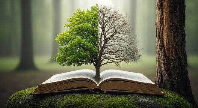 Tree grows from open book, half alive, half dead in forest