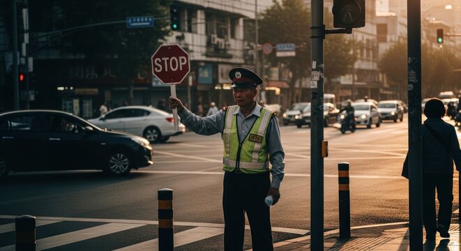 Traffic warden holds stop sign in a sunny city street