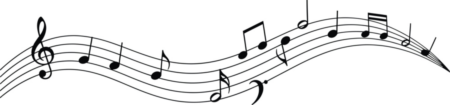 Wavy musical staff with notes and treble clef, isolated on white