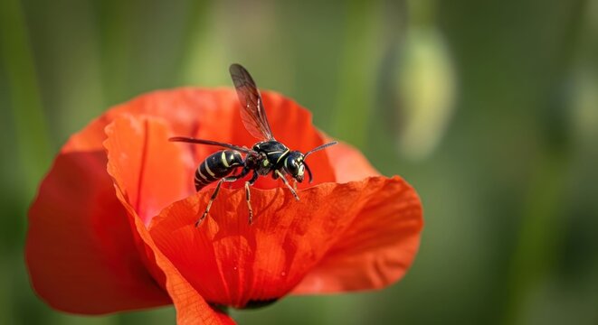 Wasp on vibrant red poppy. Delicate wings, nature's detail