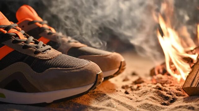 A pair of sturdy sneakers, with contrasting orange and dark details, stand out against the soft sand. In the blurry background, a warm, roaring campfire casts a soft glow.