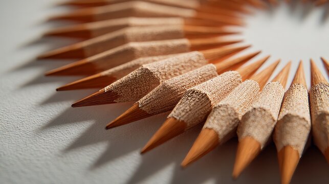Macro shot reveals a radiating arrangement of sharpened graphite pencils, their tips pointing outward in a circular pattern