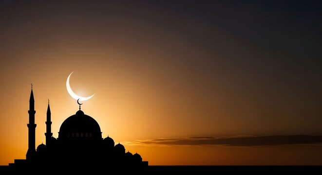 A beautiful silhouette of a mosque dome and minarets against a stunning golden sunset with moon