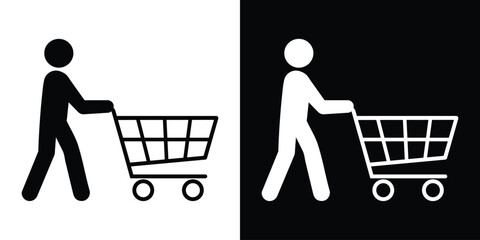 Vector icon of a person pushing a shopping cart. Minimalist black and white silhouette design representing retail, grocery shopping, consumerism, and customer activity in a modern style. © bibin