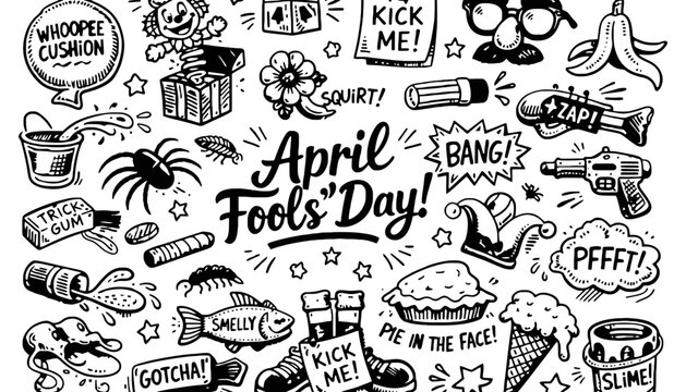 April Fools' Day illustration with various prank items and phrases