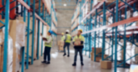 Supply chain, engineers and group in warehouse, blurry and inventory of goods, logistics or...