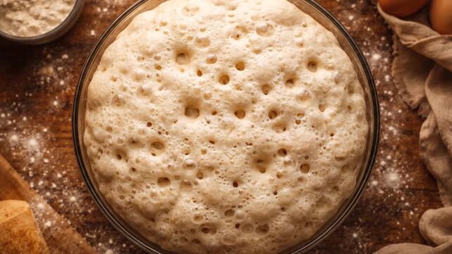 Top View of Active Bubbly Yeast Dough Rising in Glass Bowl on Rustic Wooden Table &mdash; Fermented Bread Dough with Bubbles Surrounded by Flour, Eggs and Linen Cloth, Artisan Home Baking, Sourdough Ferment