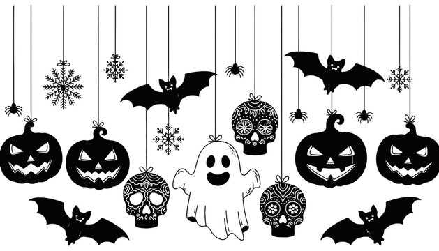 A ghost icon surrounded by Halloween symbols and winter elements illustration