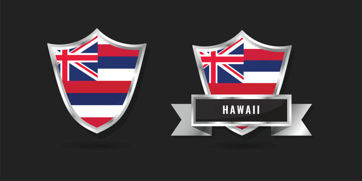 Professional glossy silver shield and ribbon emblem featuring the flag of Hawaii, ideal for Pacific island heritage, tourism, and US state branding.
