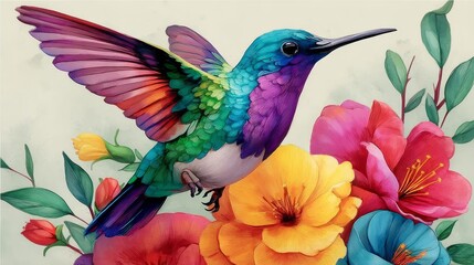 Fototapeta premium The brilliance of a hummingbird amidst bright petals.