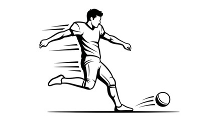 Obraz premium Black and white line art illustration of a male soccer player in action, kicking a football with his right foot, depicted in a dynamic pose.