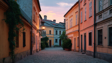 Fototapeta premium Vintage architecture, twilight, cobblestone street, pastel buildings, peaceful evening scene