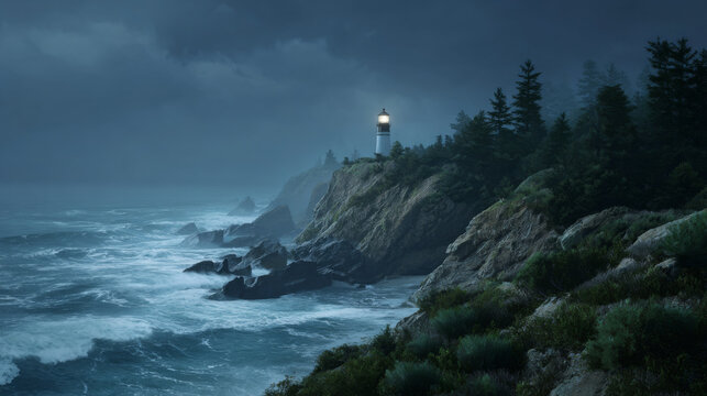 Lighthouse cliff stormy night waves ocean dramatic coastal beacon rocky forest moody turbulent