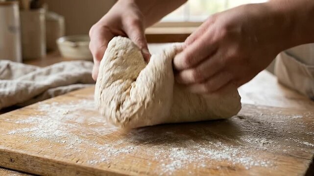 Rustic whole grain dough kneading hands kneading dough on wooden board with flour for bread in kitchen food sovereignty warm baked bread
