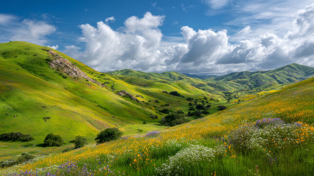 Rolling green hills wildflowers blue sky clouds spring landscape nature scenic view