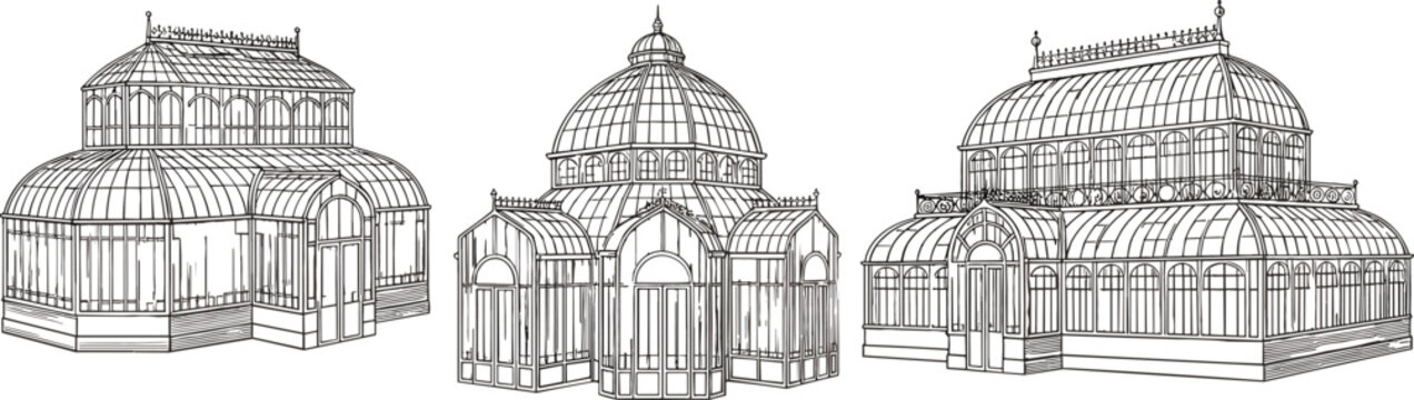 Victorian glass greenhouse buildings illustration set with ornate conservatories, architectural line art collection in vintage engraving vector style
