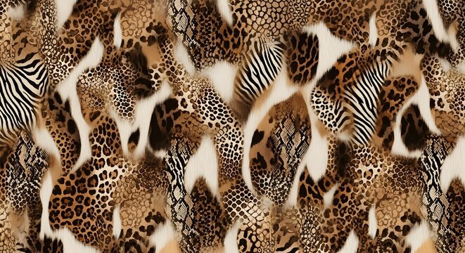 Mixed animal print collage with leopard, snake and zebra textures. Safari wildlife and fashion textile design. Tearing pieces of different wild skin patterns layered on white fur