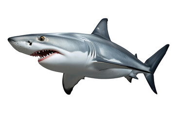 Fototapeta premium Great white shark showing powerful jaws and sharp teeth, swimming predator in ocean water, danger concept on transparent background