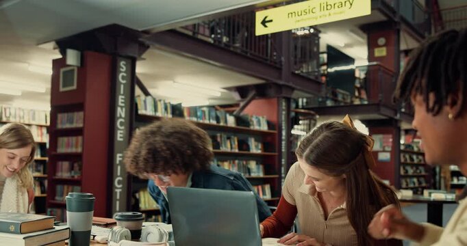 Students, people and handshake in university library for greeting, study group and welcome. Education, friends and happy at college for tutorial assignment, scholarship success and learning support