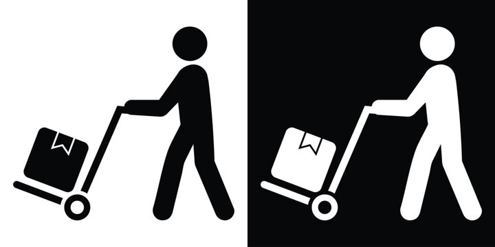 Minimalist vector icon of a person pushing a hand truck with a cardboard box. Ideal for logistics, shipping services, and manual labor concepts. Black and white versions included.
