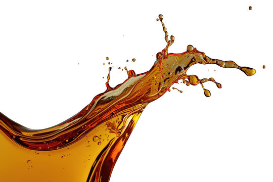 Golden liquid splashing with droplets flying, creating an abstract wave shape on transparent background for advertising