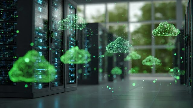 A futuristic server room with green cloud graphics floating in the air
