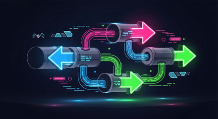 Obraz premium Neon lit pipe system with colorful arrows and glowing accents on a dark background representing data flow and connections