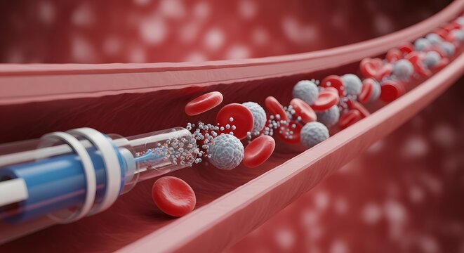A medical needle injecting medication into a human vein filled with red and white blood cells