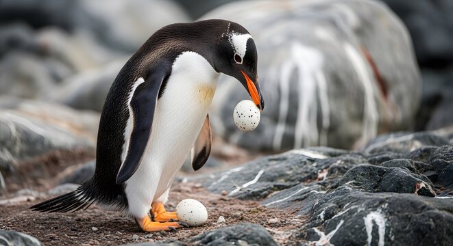 Gentoo penguin standing on rocky shore with egg