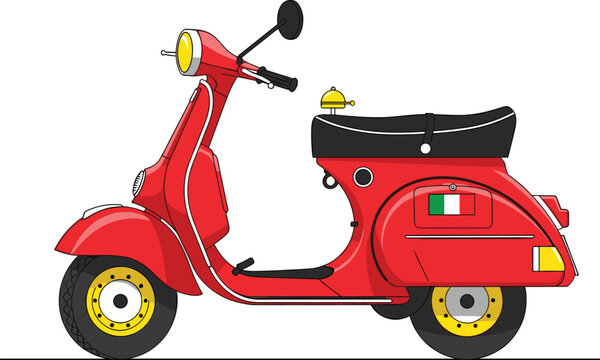 Vintage red scooter illustration with retro style design, classic motorbike with Italian flag detail, urban transportation vehicle flat vector isolated on white background