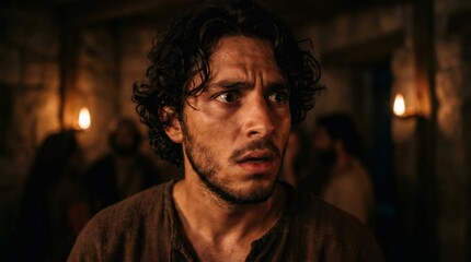 Fototapeta premium Man expressing deep worry and fear in historical setting