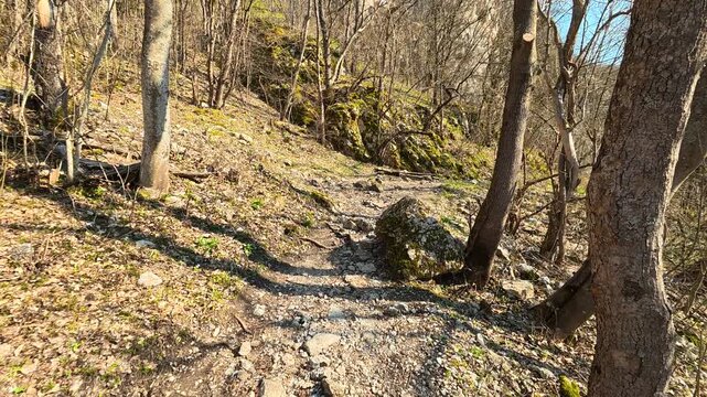 Walking Rocky Forest Path With Sharp Bend Uphill &ndash; Sunny Autumn POV. Ozren Mountain, Soko Grad. Balkans, Serbia.