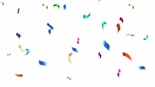 Colorful confetti falls gently against white background. Confetti pieces twist and flutter in motion.
