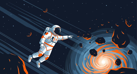 Fototapeta premium Astronaut exploring a cosmic vortex with asteroids, reaching out into the unknown.