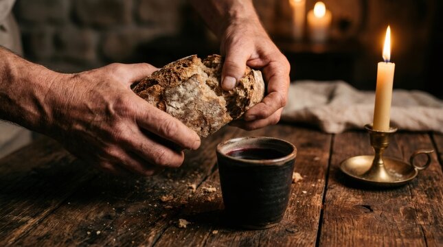 Hands breaking bread and pouring wine for eucharist