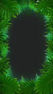 Vibrant green leaves create a natural frame against a dark background, ideal for various design applications.