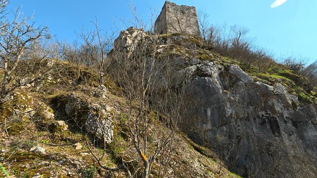 Medieval Tower on Rocky Hill &ndash; Low Angle View in Sunny Autumn. Ozren Mountain, Soko Grad. Balkans, Serbia.