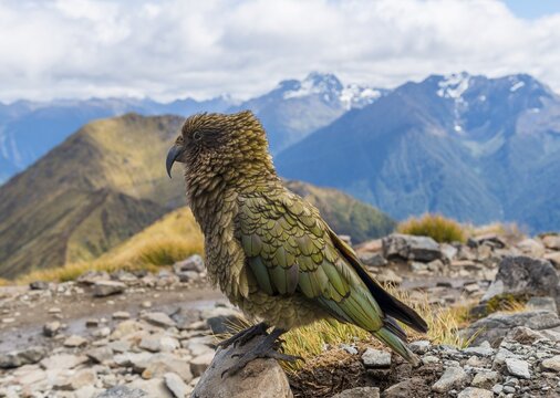 Mountain parrot, Kea (Nestor notabilis) in the mountains, Kepler Track, Fiordland National Park, South Island, New Zealand