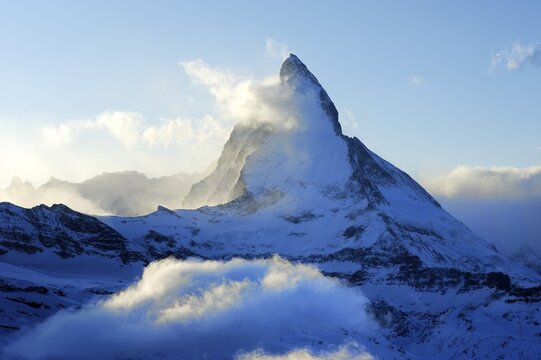Matterhorn, east wall, veiled with clouds, Zermatt, Valais, Switzerland, Europe