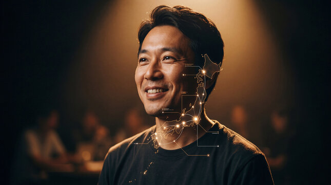 An individual, his face illuminated with technology, smiles with authentic happiness. Captured with artistic lighting, the image emphasizes connection, future and innovation.