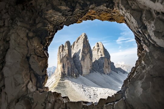 View from war tunnel, via ferrata to the Paternkofel, north walls of the Drei Zinnen, Sexten Dolomites, South Tyrol, Italy