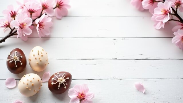 stylish easter chocolate eggs with cherry blossom on rustic white table flat lay border with copy space
