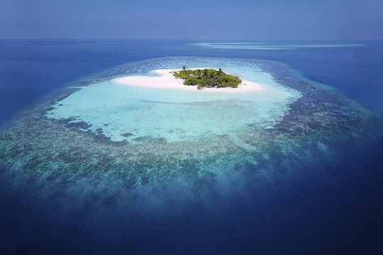 Uninhabited palm island with sandy beach, offshore coral reef, Ari atoll, Indian Ocean, Maldives
