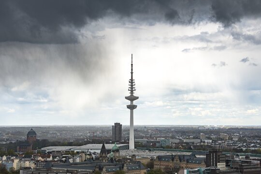 Television Tower, storm clouds, rain, Hamburg, Germany