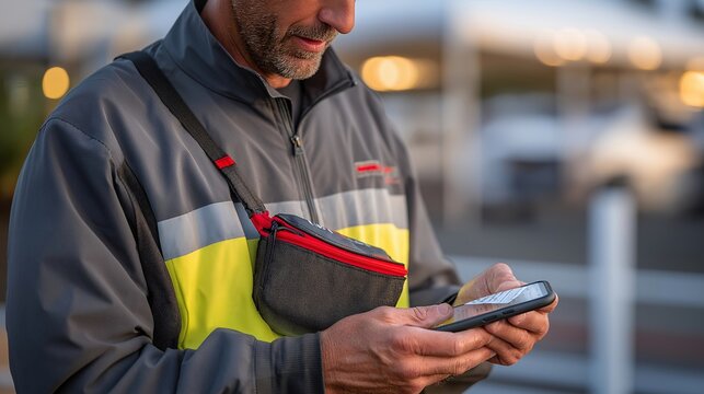 DoorDash cyclist organizing delivery receipts in messenger bag, phone showing tip earnings, empty rain-soaked parking lot during break between orders, ideal for courier income keywords, and modern